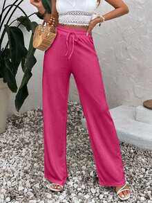 EURMUSE Pantalones anchos de lino de cintura alta con cordón en unicolor beige para mujer - Rosa Fucsia - Ver 3