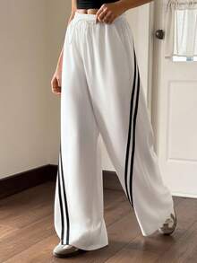 Jouncy Women's Contrast Stripe Elastic Waist Loose Casual Sweatpants, Versatile For Summer - White - View 5