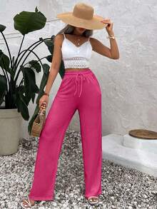 EURMUSE Pantalones anchos de lino de cintura alta con cordón en unicolor beige para mujer - Rosa Fucsia - Ver 5