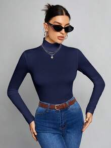 SHEIN Tall Simple Solid Color Slim High Collar White Top Suitable For Autumn And Winter,Fall - Navy Blue - View 7