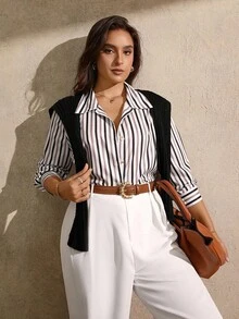 Juhart Plus Size Casual Commuter Striped Long Sleeve Shirt Fall Cloth For Women - Black - View 7