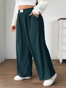 SHEIN EZwear 大码女式高腰宽松阔腿裤，灯芯绒面料，带口袋和贴布设计，适合校园、日常穿着和室内工作，深蓝色，秋冬 - 水鴨藍 - 查看 5