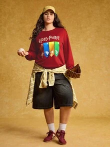 HARRY POTTER X SHEIN Plus Size Letter Graphic Color Block Round Neck Long Sleeve T-Shirt - Multicolor - View 6