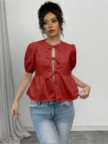 Chiquease Women's Solid Color Bow Decor Short Puff Sleeve Ruffle Hem Blouse - Burgundy - View 3