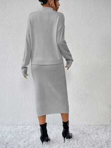 RosyDaze Bộ áo len dài tay cổ đứng trễ vai màu trơn thường ngày cho nữ và chân váy midi dệt kim, mùa thu - Xám - Xem 2