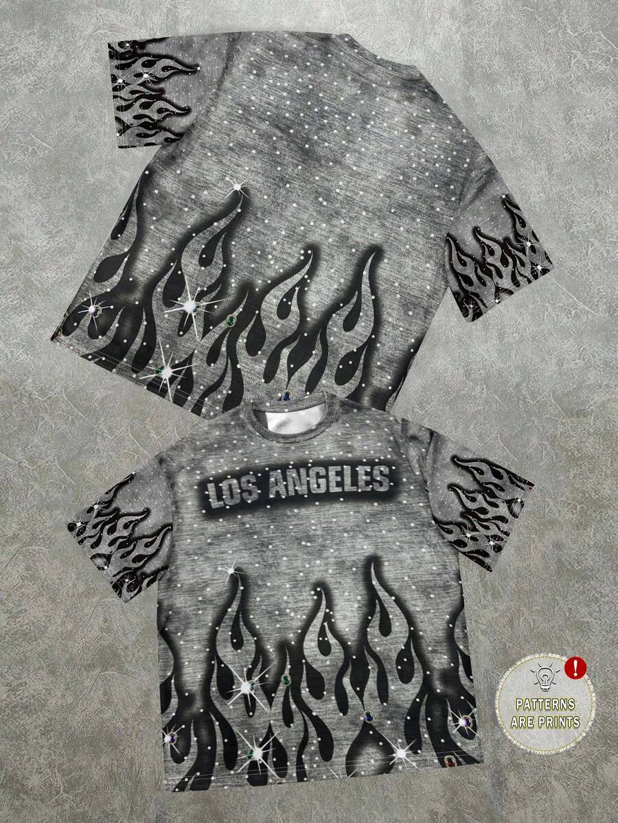 SHEIN 青少年男孩休闲极简主义 Y2K 风格涂鸦手绘嘻哈肖像星星字母印花短袖圆领 T 恤，适合夏季 - 彩色 - 查看 1