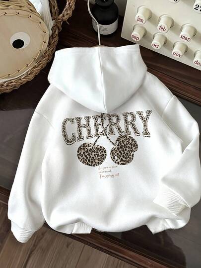 Vintage Leopard & Cherry Print Cozy Season Sweatshirt, Thick Soft Casual Long Sleeve Sweatshirt For Teen Girls, Suitable For Autumn/Winter Fall
