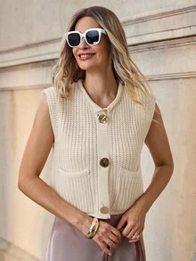 SHEIN Clasi Women's Solid Color Metal Single-Breasted Casual Vest Cardigan In Fall/Winter - Multicolor - View 3