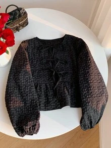SHEIN Comfortcana 女式黑色纯色荷叶边下摆系带腰休闲长袖衬衫，秋季 - 黑色 - 查看 6