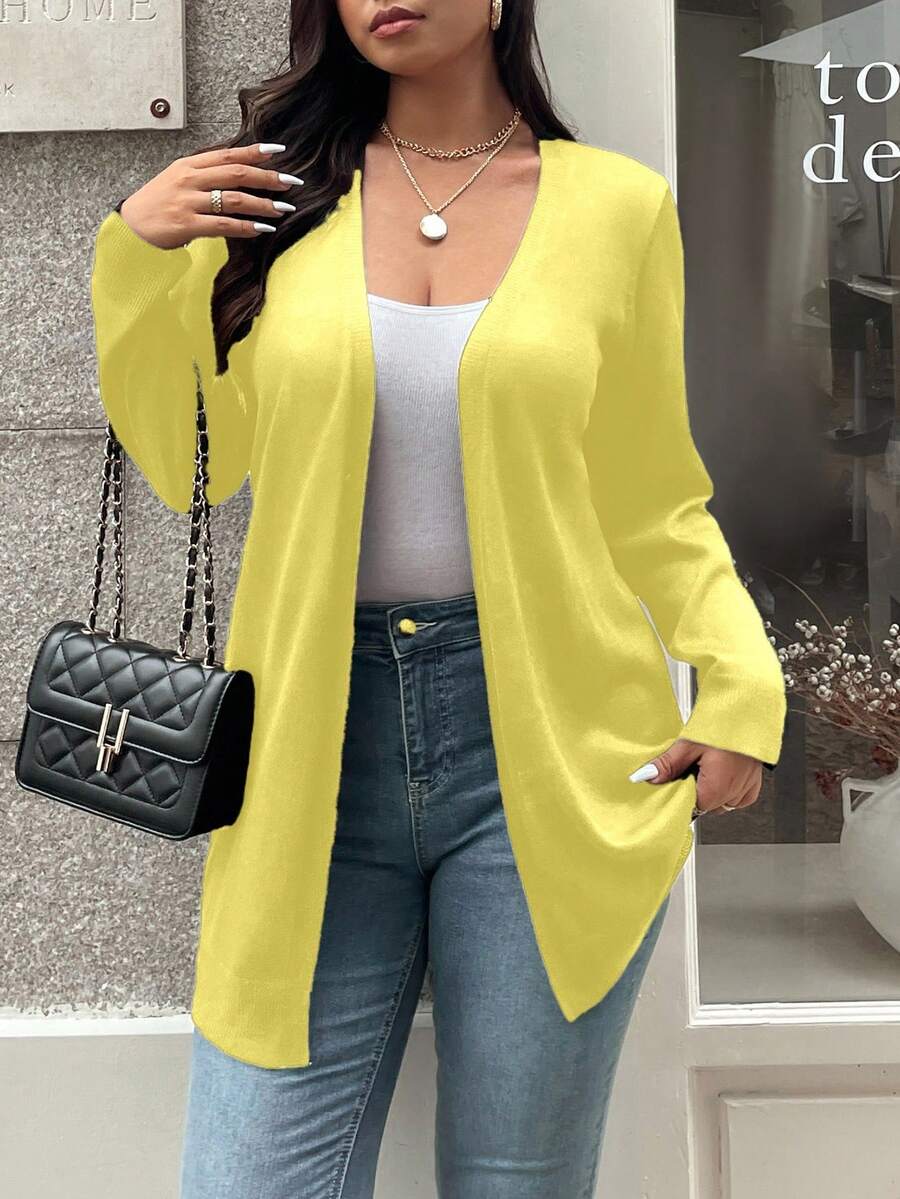 Vionelle 大码女式纯色长袖休闲长款开衫，秋季黄色开襟羊毛衫 - 黃色 - 查看 1