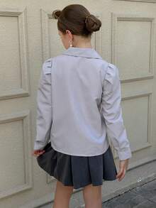青少年女孩卡其色条纹翻领褶皱宽松长袖衬衫，适合日常通勤 - 卡其色 - 查看 3