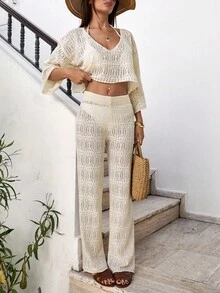 EURMUSE Women Solid Color Hollow Out V-Neck Cover Up & Sweater Pants Set - Beige - View 4