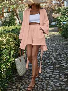 EURMUSE 2pcs Textured Cotton Crinkle Casual Shirt And Shorts Set - Pink - View 7