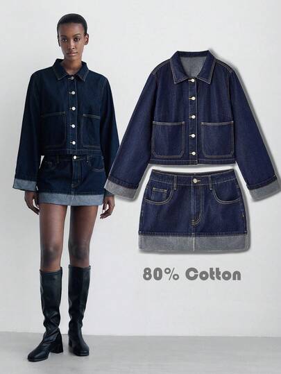 Maija Conjunto de mujer de mezclilla azul oscuro con chaqueta de mezclilla de manga larga y falda con dobladillo plegado, nuevo estilo coreano casual de oficina para otoño e invierno, estilo Ins, abrigo de otoño de 2 piezas, conjunto de mezclilla para mujer