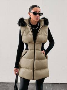 Padded Vest With Furry Hood And Adjustable Waist, Two Side Pockets, Thick And Fashionable Puffer Jacket, Quilting Details - Beige - View 5