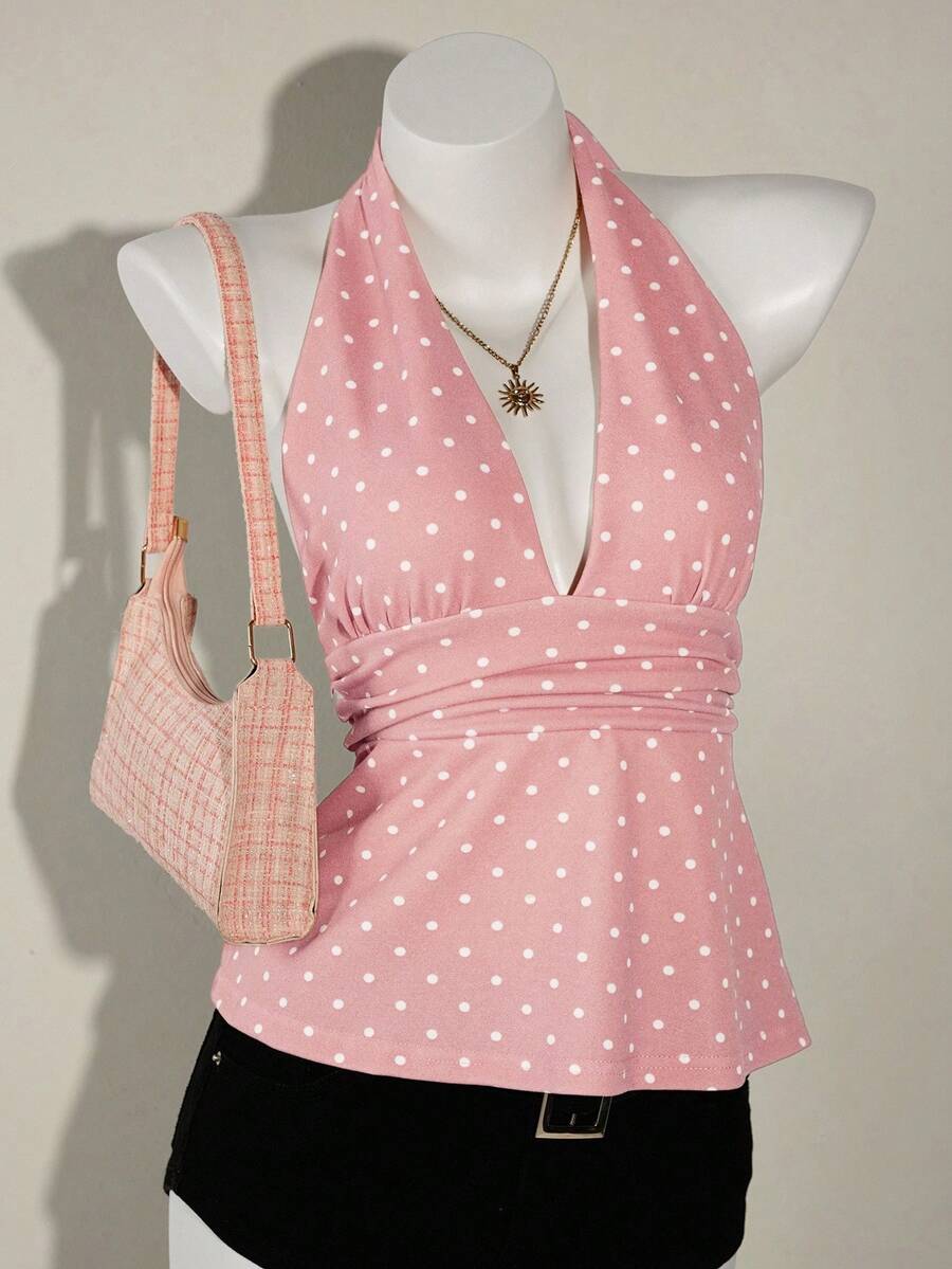 SHEIN ICON 女式露背深V领褶饰A字波点露背吊带背心 - 粉色 - 查看 1