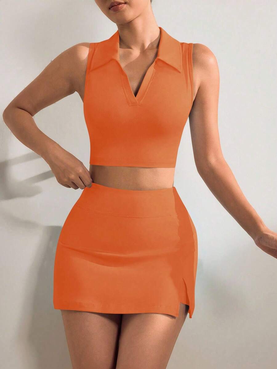 Bộ đồ thể thao áo ba lỗ ngắn màu trơn và quần short váy ngắn - trái cam - Xem 1