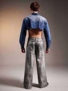 FeverCity 男士长袖毛边休闲牛仔夹克，秋季 - 藍色 - 查看 2