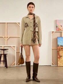 Florisole Herbst Boho besticktes Knopf-Lässig Bluse für Frauen