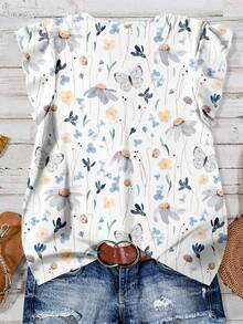 SHEIN LUNE Women's Watercolor Floral Print Casual Shirt, Suitable For Summer Short Sleeve Blouses Butterfly Print Blouses Floral Blouses For Women Fall Clothes For Women Chic Blouses For Women