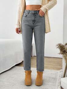 EURMUSE Women's Solid Color High Rise Mom Fit Vintage Jeans - Light Grey - View 6