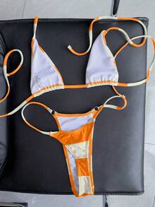 Swim Vcay Contrasting Striped Micro Triangle Briefs Sexy Bikini For Summer Beach Vacation - Multicolor - View 2