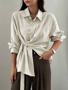 DAZY Women's Solid Color Waist Cinched Business Casual Shirt Long Sleeve Top - Beige - View 2