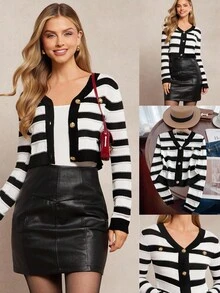 Amorya Women's Elegant V-Neck Metal Button Striped Cropped Cardigan, Suitable For Daily Commute And Various Occasions, Autumn Casual Fall Autumn - Black and White - View 5