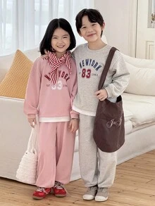 Genkimix Kids 2pcs/Set Girls Graphic Print Loose Fit Sweatshirt And Sweatpants Matching Sibling Outfit Fall Winter - Pink - View 5