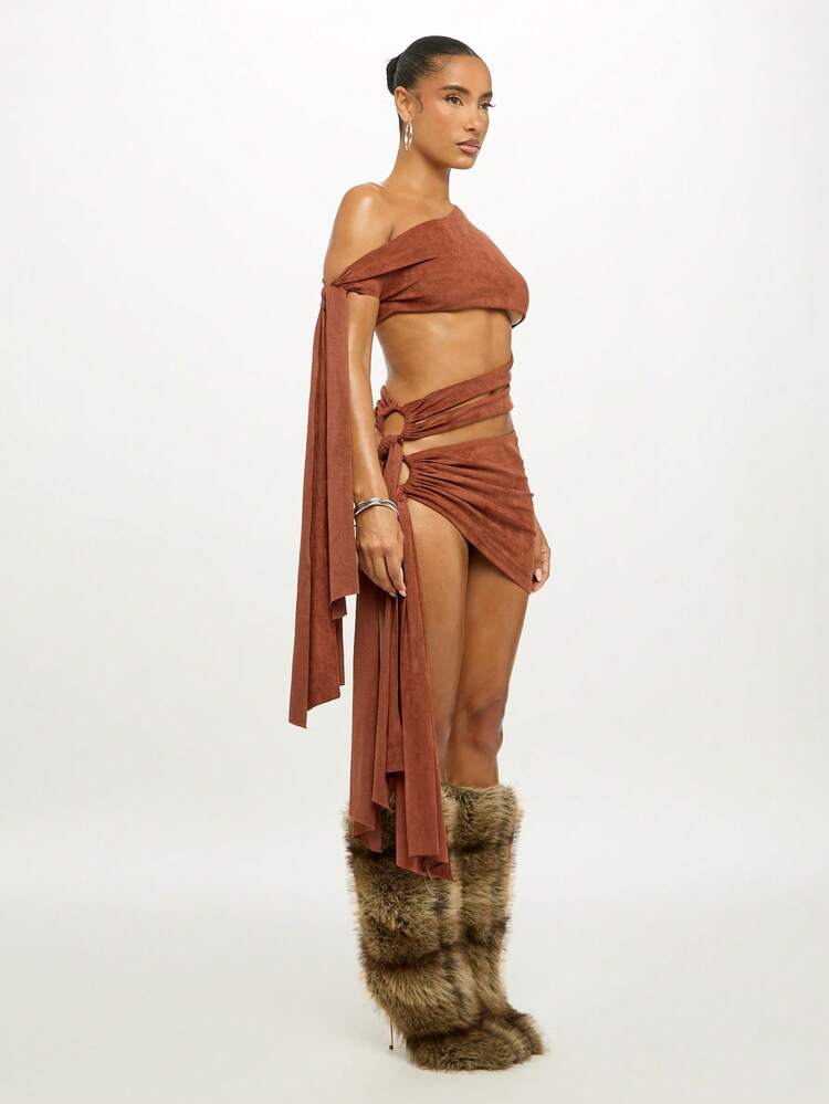 SUMWON WOMEN Suede Off Shoulder Crop Top With Tie