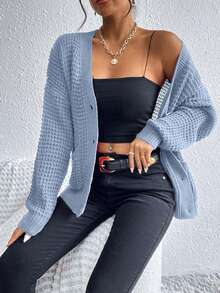 EURMUSE Cardigan casual à manches longues à épaules tombantes, boutonnage simple, poches, couleur unie, automne pour femmes - Bleu ciel - Voir 4