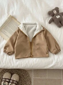 SHEIN Infant/Toddler Unisex Reversible Fleece Jacket, Warm Casual Outerwear For Baby Girls And Boys, 0-3 Years Old, Autumn/Winter Fall