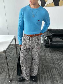 Manfinity VCAY Men's Retro Leopard Print Flared Jeans - White - View 5