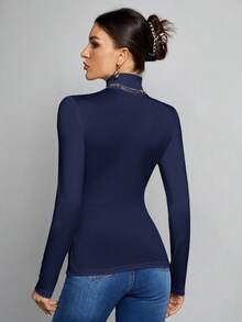 SHEIN Tall Simple Solid Color Slim High Collar White Top Suitable For Autumn And Winter,Fall - Navy Blue - View 2