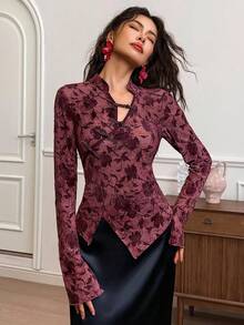 EastFlair Áo kiểu tay dài họa tiết hoa thiết kế nút cho nữ, phong cách Trung Hoa - Đỏ - Xem 2
