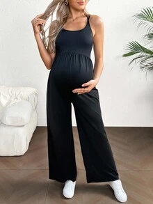 SHEIN 休闲百褶宽松直筒可调节肩带孕妇连体裤 - 黑色 - 查看 4