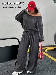 Muchica Plus Size Casual Everyday Oblique Shoulder Washed Loose Sweatshirt And Pants 2 Pieces Set,Autumn/Winter,Fall Clothes For Women  Christmas Clothes  New Year Clothes