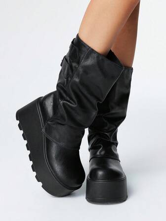 Grunge Punk 2025 Autumn/Winter New Round Toe Thick Sole Punk Style Buckle Design Leg Pants Leather Outdoor Fashion Slip-On Mid-Calf Boots