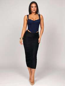 Silquee 女士百搭紧身拼接蕾丝文胸华丽上衣，弧形下摆花卉蕾丝紧身胸衣上衣，适合春假、海滩度假、夜间外出、聚会、海滩派对、泳池派对、假日、休闲派对、小屋度假、日常穿着 - 藏蓝色 - 查看 5