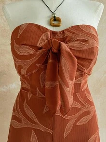 Soleia Macacão Plus Size Feminino de Férias, Carnaval de Verão, Viagem de Cruzeiro, Impressão de Silhueta em Aquarela Azul, Frente com Torção, Costas Abertas, Caimento Solto, Adequado para Festa, Encontro, Dia dos Namorados, Sobreposição - Castanho - Visão 6