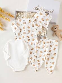 SHEIN 4 件套新生儿礼品套装，可爱小熊印花连体衣，纯白色连脚连体衣，帽子，中性男女通用婴儿服 - 白色 - 查看 2