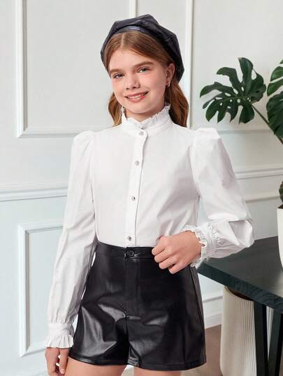 SHEIN Serisse Kids 青少年女孩宽松纯色泡泡袖衬衫