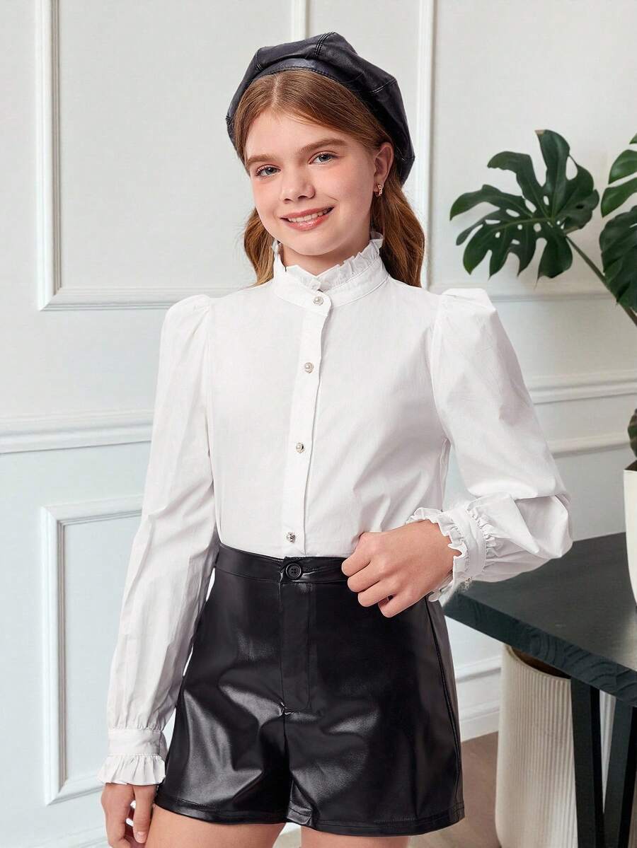SHEIN Tween Girl Loose Solid Color Puff Sleeve Shirt - White - View 1