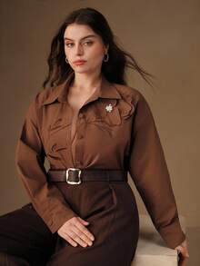 Anewsta 女士优雅花卉刺绣领长袖口袋衬衫，棕色 - 咖啡棕 - 查看 4