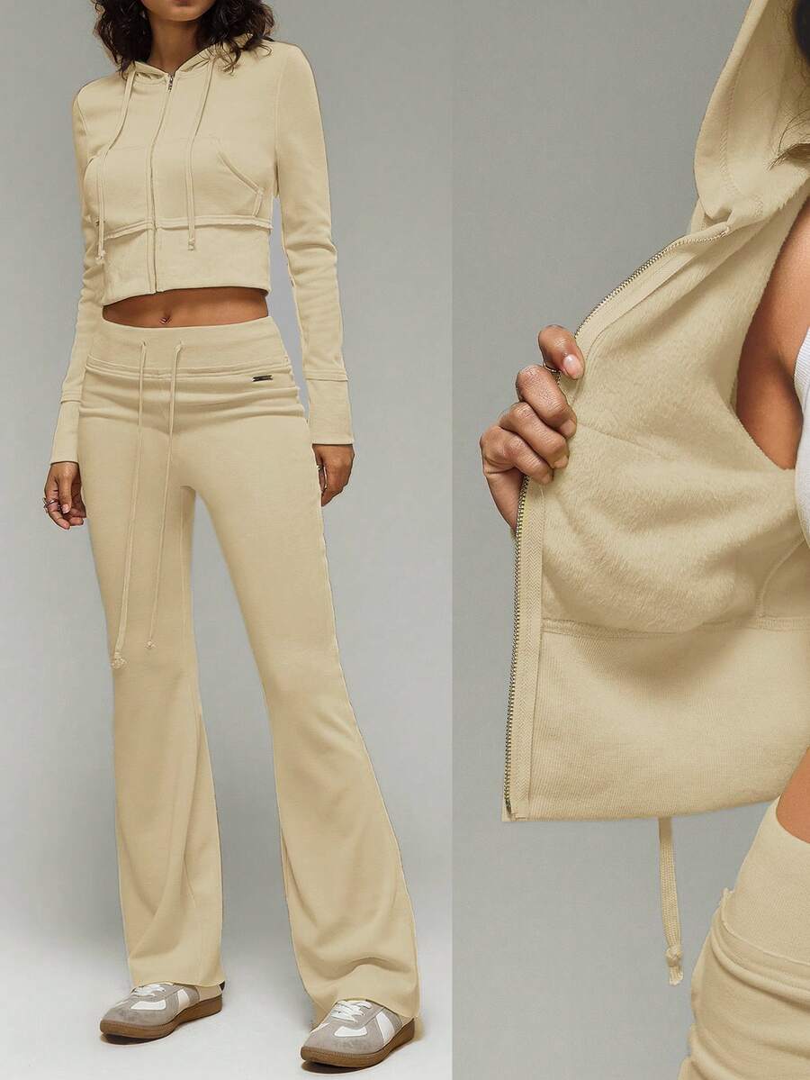 SHEIN Forever 21 女式纯色休闲抽绳长袖连帽羊毛夹克 - 杏色 - 查看 1