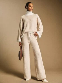 Poéselle Women's Contrast Color Trim Knot Casual Sweater Pants,Beige Autumn Lounge Soft Knit Oversized Neutral Vintage Knitwear,Elegant Cozy Fall Layer - Khaki - View 2