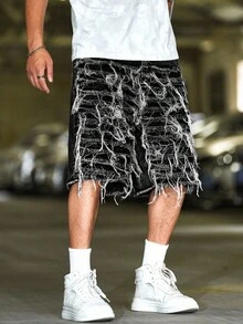Manfinity Roughcore Men's Loose Fit Casual Straight Leg Denim Shorts With Pockets Punk Y2K Acid Washed Grey For Slim-Fit Party Gothic Men Shorts - Dark Grey - View 4