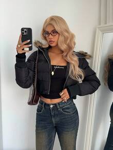 Aloruh Áo khoác ngắn có đệm, cổ lông giả và mũ trùm đầu dành cho nữ mùa thu đông - trắng - Xem 8