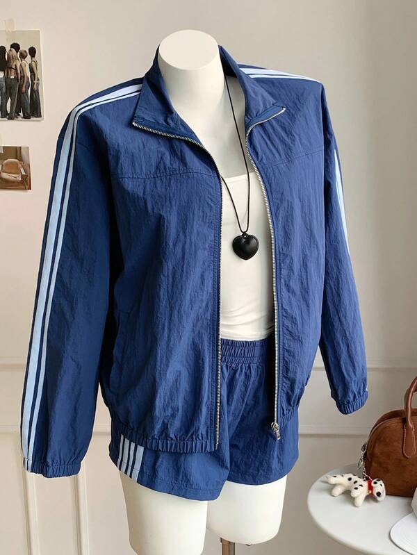 Comfortcana Women's Fall Casual Commuter Contrast Stripe Jacket And Shorts 2 Pieces Set Navy Blue Jacket Women Track Jacket,Halloween Outfit