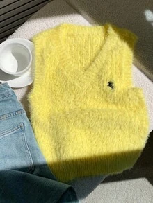 Comfortcana 2025新款极简主义秋冬女式休闲刺绣抓绒针织舒适柔软可爱复古黄色毛衣背心，秋季外出乡村风女装 - 黃色 - 查看 3